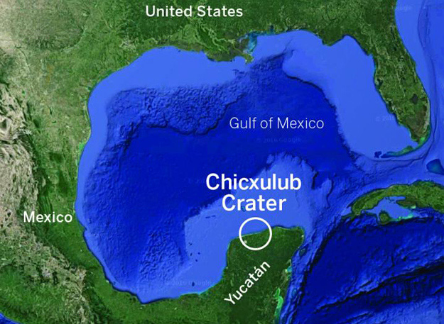Hố va chạm Chcxulub (dấu tròn) nằm chủ yếu dưới đáy Vịnh Mexico, một phần xâm lấn vào thềm lục địa ở bán đảo Yucatan (Mexico) - Ảnh: ĐẠI HỌC TEXAS