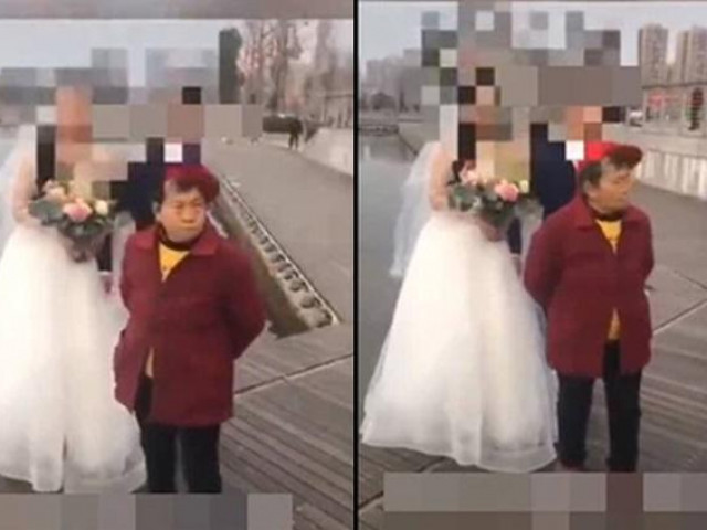 Bạn trẻ - Cuộc sống - Xin tiền không được, cụ bà theo cô dâu chú rể như "hình với bóng", dân mạng tò mò cái kết