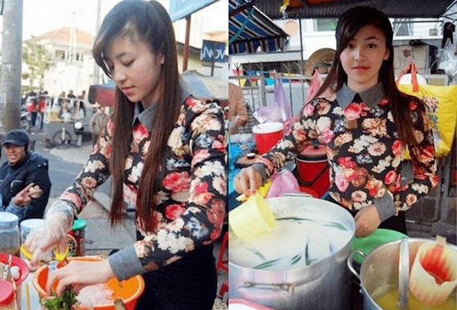 Hình ảnh cô gái bán bánh tráng trộn ở Đà Lạt vô cùng xinh đẹp gây xôn xao mạng xã hội.