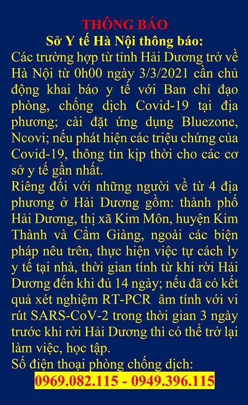 Thông báo mới nhất của Sở Y tế Hà Nội