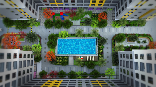 Khuôn viên nội khu Bcons Plaza tiện nghi, xanh mát