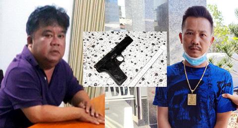 2 đối tượng cầm đầu 2 băng nhóm gồm: Đặng Quang Minh (trái) và Nguyễn Thanh Bình cùng khẩu súng thu giữ tại hiện trường