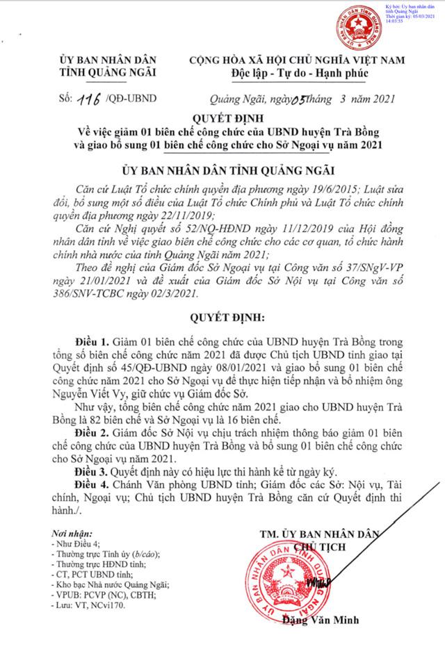Quyết định bổ sung biên chế công chức cho Sở Ngoại vụ tỉnh Quảng Ngãi.