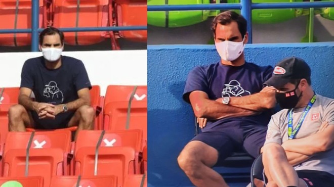 Federer ngồi trên khán đài theo dõi trận đấu của Dan Evans