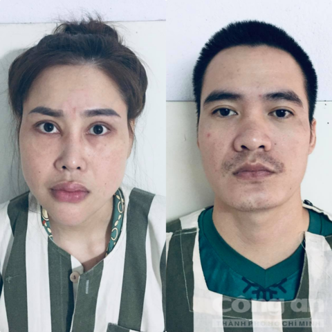 Nguyễn Thị Trang (trái) và Nguyễn Hữu Thuận (phải) tại cơ quan điều tra