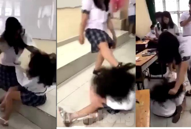 Hình ảnh nữ sinh bị đánh trong lớp học