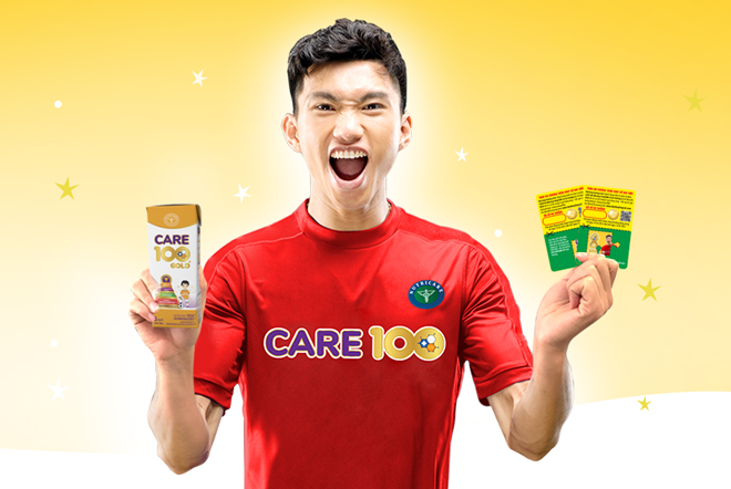 Mỗi lốc sữa Care 100 Gold+ 110ml và 180ml  đều chứa tấm thẻ quyền lực mang đến cơ hội nhận được quà từ thần tượng Đoàn Văn Hậu