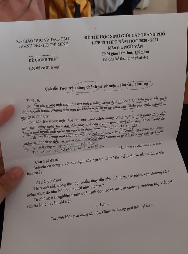 Đề thi Học sinh giỏi Văn cấp thành phố của TP.HCM. (Ảnh: Huyền Ngọc)