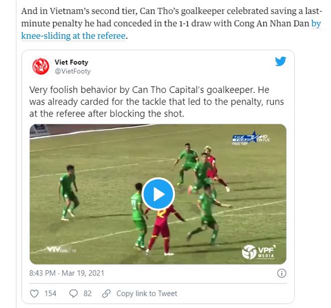 Tờ Guardian của Anh đưa tin về vụ thủ môn đội&nbsp;Cần Thơ ăn mừng khiêu khích