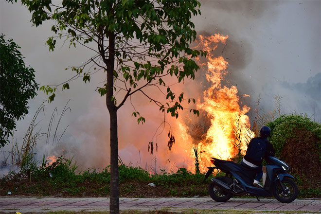 Nhiều khu vực trong bãi cỏ bị khô, kết hợp với rác khi gặp gió mạnh lửa càng lan nhanh trên toàn bộ diện tích hàng chục ha.