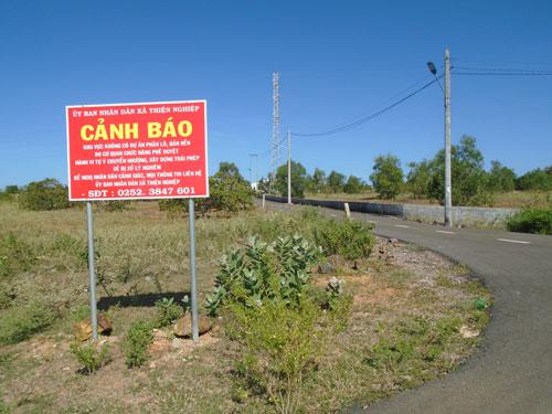 UBND xã Thiện Nghiệp, TP Phan Thiết, tỉnh Bình Thuận dựng bảng cảnh báo về mua bán đất. Ảnh: HỢP PHỐ
