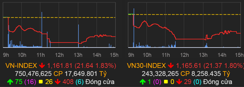 VN-Index giảm 21,64 điểm (1,83%) xuống 1.161,81 điểm