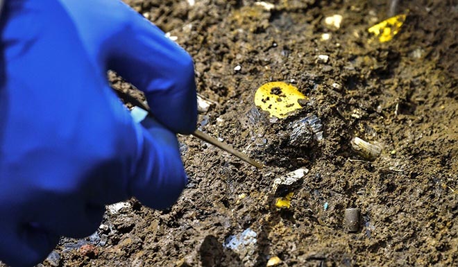 Chiếc đĩa mỏng bằng vàng được tìm thấy ở điểm khai quật số 5.