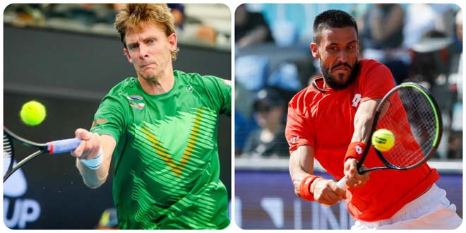 Kevin Anderson (áo xanh) thất bại trước tay vợt trẻ hơn mình là Damir&nbsp;Dzumhur