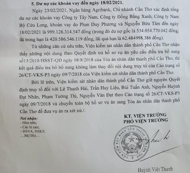 Số dư nợ các khoản vay gần 1.000 tỉ đồng tại Angribank Cần Thơ tính đến ngày 18-2-2021