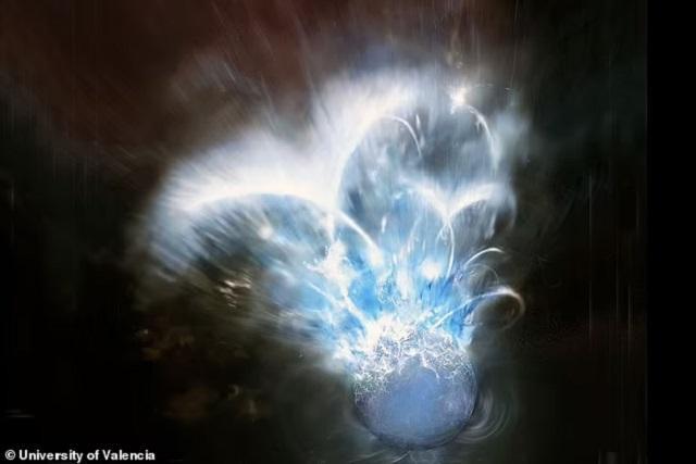Một ngôi sao nam châm đã được phát hiện phun trào dữ dội và phóng ra năng lượng bằng một tỷ Mặt trời trong vòng 1/10 giây (Ảnh mô phỏng Daily Mail).