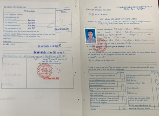 Giấy khám sức khỏe lái xe của tài xế "tâm thần" Nguyễn Văn Thâu do Bệnh viện Hòa Bình cấp