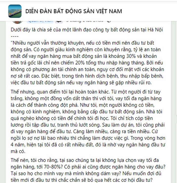 Chia sẻ “Muốn thành công đột phá từ đầu tư BĐS, hãy vay tối đa ngân hàng" của một lãnh đạo công ty bất động sản tại Hà Nội đang nhận được nhiều sự chú ý trên các diễn đàn