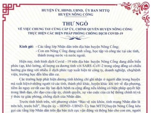 Tin tức trong ngày - Thêm 1 huyện ở Thanh Hóa ra thư ngỏ khuyến cáo người dân không về quê dịp Tết