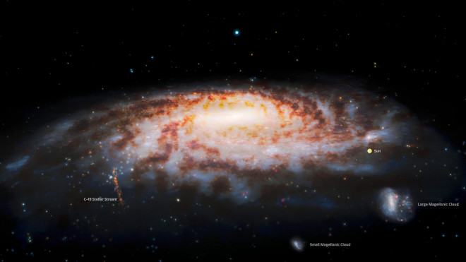 Thiên hà chứa Trái Đất và dòng sao C-19 (màu đỏ cam) - Ảnh: Gemini Observatory / NOIRLab / NSF / AURA / J. da Silva / Spaceengine / M. Zamani