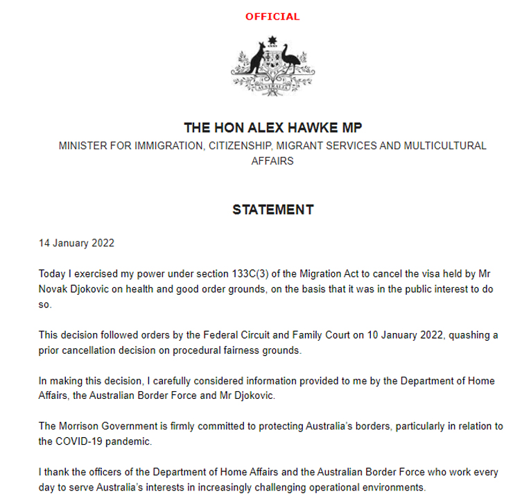 Thông báo chính thức từ Bộ trưởng Bộ nhập cư Alex Hawke