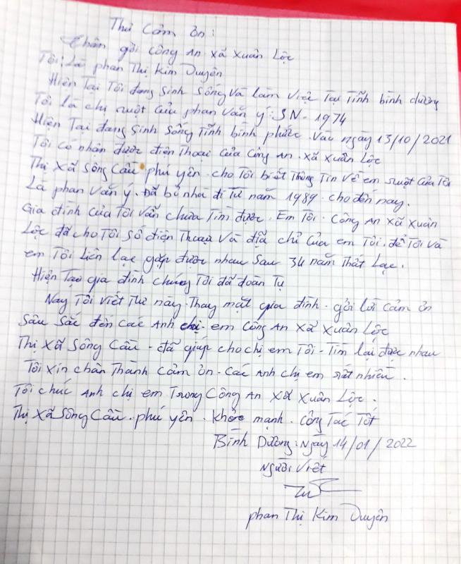 Bức thư bà Phan Thị Kim Duyên bày tỏ lời cảm&nbsp;ơn Công an xã Xuân Lộc