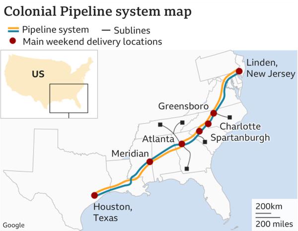 Hệ thống ống dẫn sản phẩm dầu Colonial Pipeline - một mục tiêu bị tấn công mã độc tống tiền trong năm 2021. Ảnh minh họa: Colonial Pipeline Company/BBC.&nbsp;