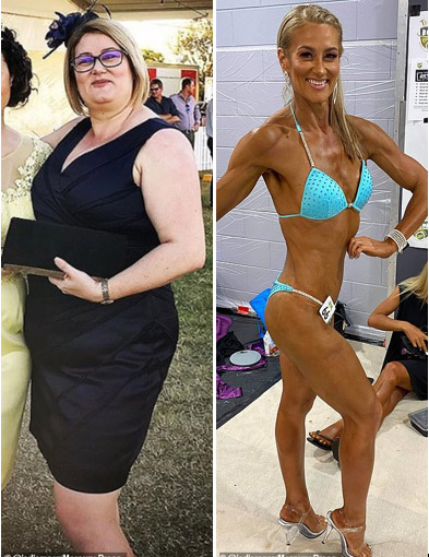 Jodie Marquardt với trọng lượng nặng nhất là 105,2kg (trái) và hiện nặng 54,4kg (phải)