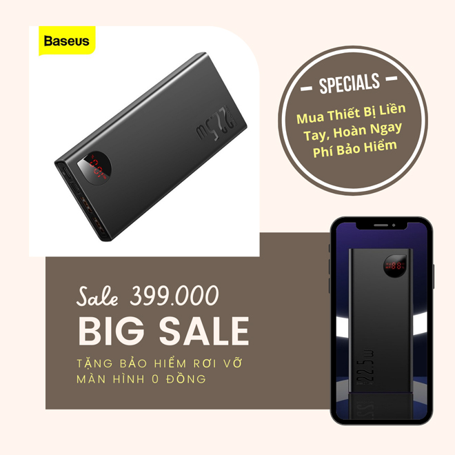 Sạc dự phòng BASEUS 20000mah cổng sạc nhanh 3.0 giảm gần 45% chỉ còn 399.000 đồng.