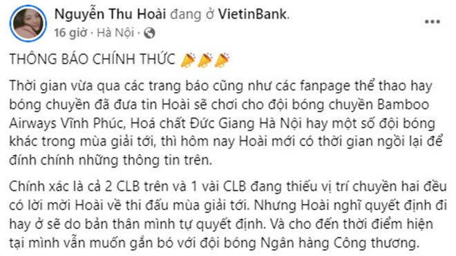 Một phần trong nội dung thông báo của Thu Hoài