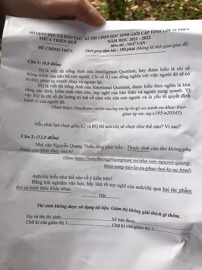 Đề thi học sinh Giỏi môn Văn ở Huế khiến dân mạng tranh cãi khi yêu cầu chọn giữa IQ và EQ - 1