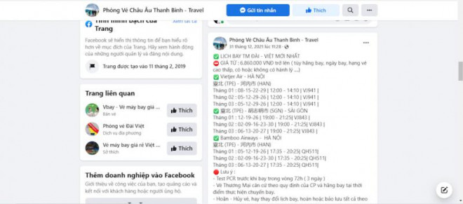 Một số thông tin trên trang Facebook lừa bán vé máy bay