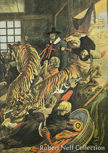 Vào những năm 1900, hổ dữ hoành hành, gây bao nỗi sợ hãi trên bán đảo Triều Tiên. Tranh minh họa: Robert Neff Collection