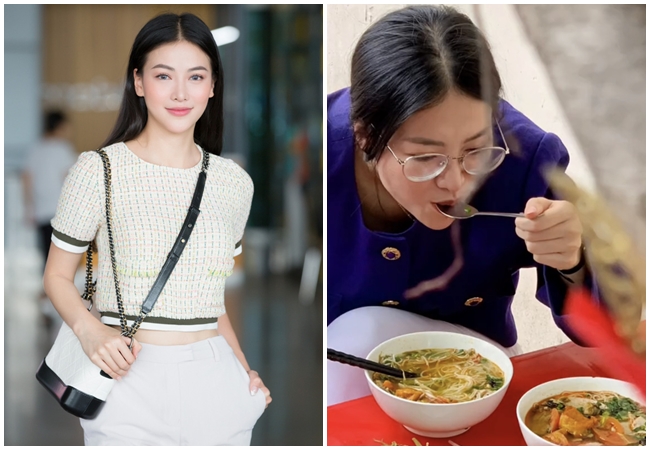 Nếu không nói cô gái đeo kính, để mặt mộc đang ngồi ăn hàng quán vỉa hè là Hoa hậu Phương Khánh, người hâm mộ khó có thể nhận ra.
