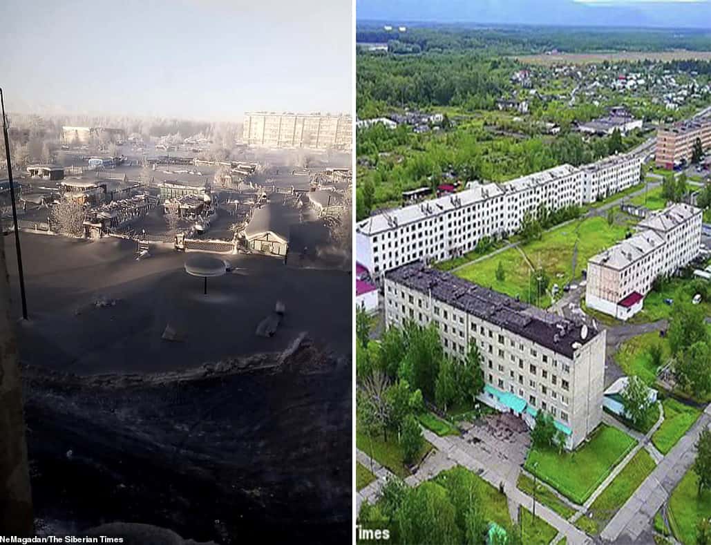 Làng Omsukchan trước và sau khi bị tuyết đen phủ kín. Ảnh: Siberian Times