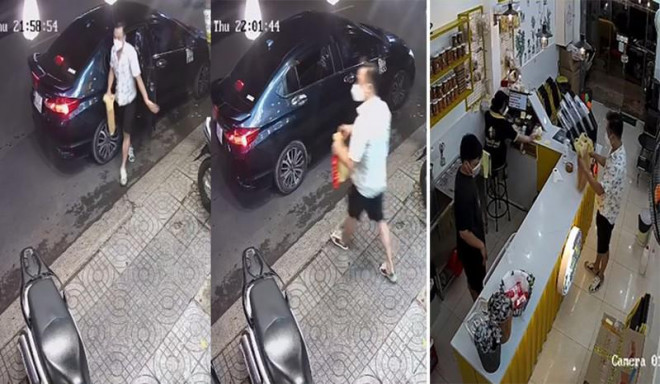 Nam thanh niên cầm hộp yến vào tiệm bán đồ ăn trên đường Hồ Hảo Hớn, quận 1 tìm cách lừa đảo nhưng bất thành. Ảnh chụp từ clip camera an ninh