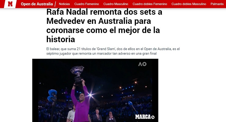 Tờ Marca gọi chức vô địch của Nadal là hay nhất lịch sử