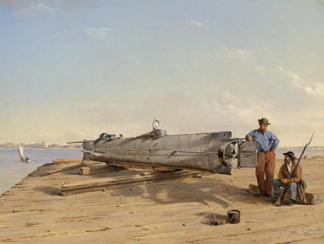 Tranh vẽ tàu H.L. Hunley năm 1864 của họa sĩ Conrad Wise Chapman Nguồn: Wikipedia
