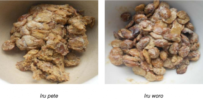 Có hai loại Iru phổ biến là Iru Woro và Iru Pete. Trong đó, Iru Pete nổi tiếng thế giới như một đặc sản kinh dị, bốc mùi khó ngửi. Tuy nhiên loại đặc sản bốc mùi này lại được nhiều người lựa chọn làm gia vị cho các món súp ăn hàng ngày như okro, Ewedu, ogbono... Đôi khi, người ta có thể nêm chút Iru vào trong các món hầm để có được hương vị đậm đà hơn.
