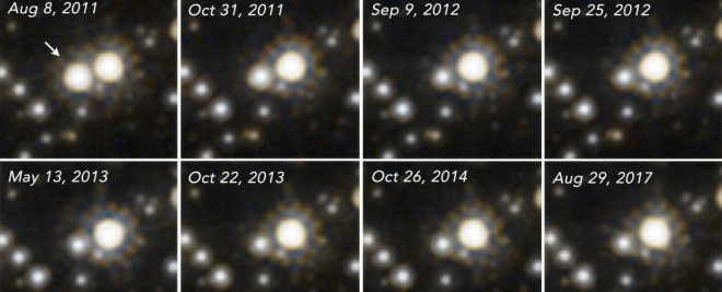 Sự kiện MOA-11-191/OGLE-11-0462 qua 8 lần quan sát của Hubble - Ảnh: Hubble/NASA/ESA