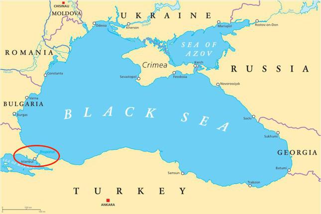 Eo biển Bosphorus (khoanh đỏ) dẫn vào Biển Đen. Ảnh: World Grain