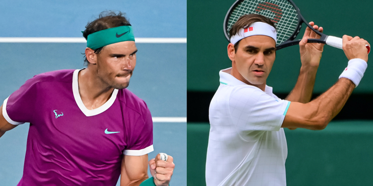 Kỷ lục 21 Grand Slam của Nadal (trái) sẽ tác động tích cực tới Federer (phải)
