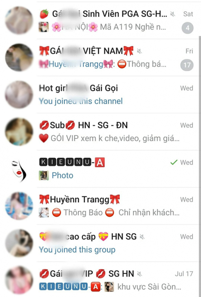 Nhiều đường dây môi giới mại dâm trên mạng xã hội Telegram.