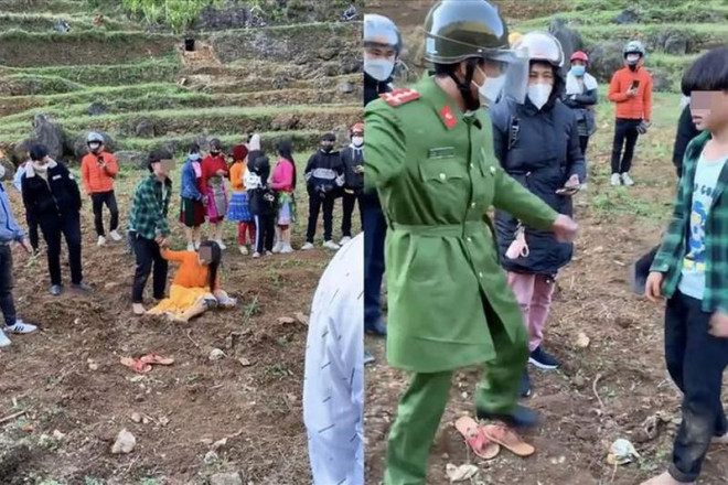 Cô gái bị nam sinh kéo đi theo tục "bắt vợ" của người Mông tại huyện Mèo Vạc (Hà Giang). Ảnh cắt từ clip.
