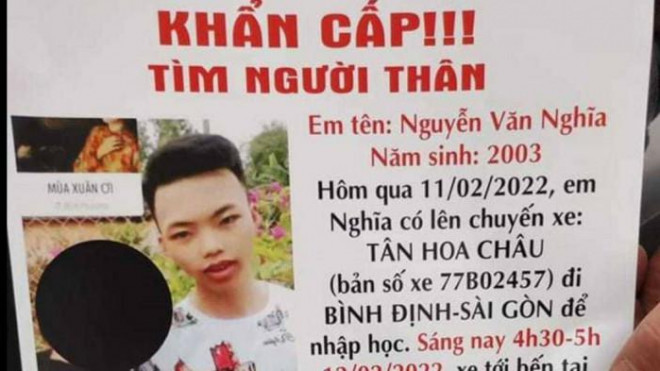 Gia đình đăng thông tin tìm kiếm anh Nguyễn Văn Nghĩa nhưng hơn 24h qua vẫn chưa có tung tích gì.