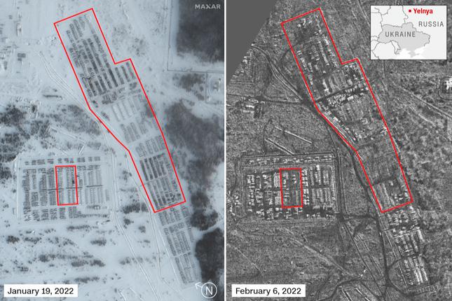 Hai bức ảnh vệ tinh mà hãng Maxar của Mỹ công bố về việc tập hợp lực lượng của Nga ở khu vực gần biên giới Ukraine