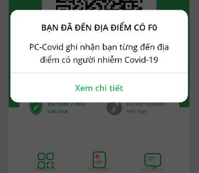 Ứng dụng PC-Covid đã được kích hoạt thêm tính năng tự động cảnh báo nguy cơ người dùng tiếp xúc F0.