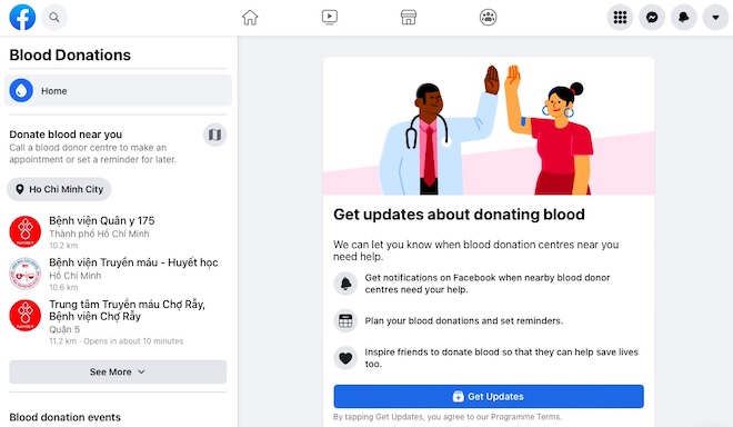 Trang đăng ký hiến máu trên Facebook.