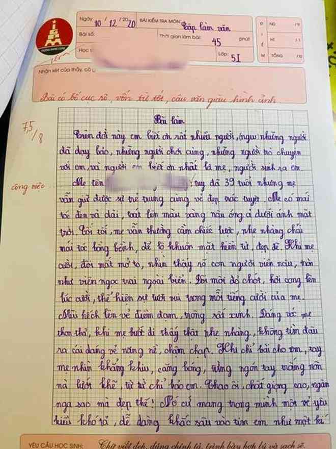 "Rụng tim" trước bài văn tả mẹ đạt điểm gần tuyệt đối của bé trai tiểu học - 1