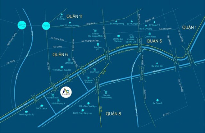 Dự án D-Aqua tọa lạc tại "trái tim" Quận 8, ngay khu vực liền kề Quận 1 với chỉ 8 phút di chuyển qua Đại lộ Võ Văn Kiệt.